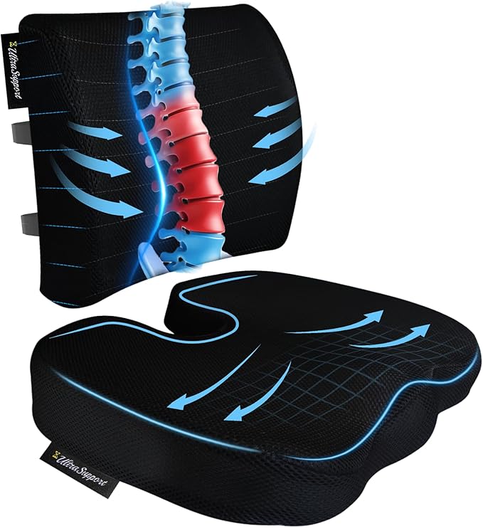 Seat Cushion & Office Chair Cushion, Lumbar Support Pillow for Office Chair, Ergonomic Memory Foam Non-Slip Office Chair Cushion, Back Support Cushion for Tailbone & Coccyx Comfort, Black
