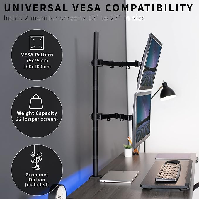 VIVO Extra Tall Vertically Stacked Dual Monitor Desk Mount Stand with 39 inch Stand-up Pole, Fully Adjustable Extended Arms, Fits 2 Screens up to 27 inches, STAND-V012T