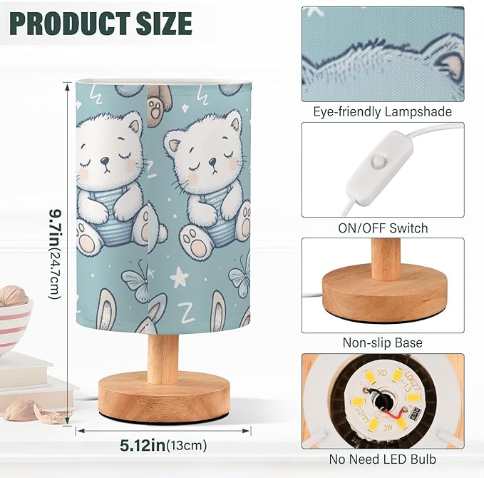 Animals LED Table Lamp, Bedside Lamp with Linen Lampshade, Flicker-Free Eye Care USB Plug in Nightstand Lamp, for Bedroom and Office