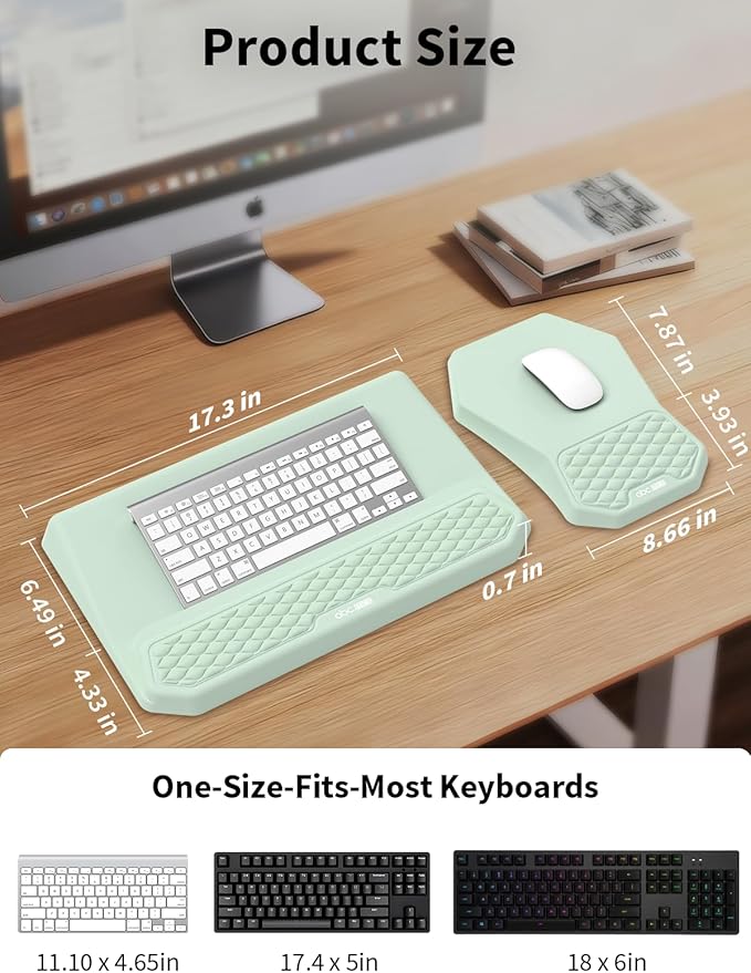 3-in-1 Ergonomic Keyboard Stand with Wrist Rest & Mouse Pad Set, Comfy Keyboard Riser Holder Soft Mousepad with Massage Design, Memory Foam and Non-Slip PU Base for Wrist Support, Light Green