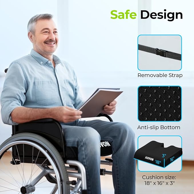 AUVON Gel Wheelchair Seat Cushion, Ergonomic Coccyx & Lumbar Support, Refreshing Ergonomic Chair Cushion with Waterproof Silk Fabric, Anti-Slip Cover