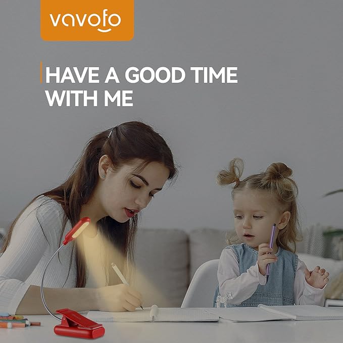 VAVOFO Rechargeable Book Light for Reading in Bed Kids, 7 LED Reading Light with 9-Level Warm Cool White Daylight, Eye Care Lamp with Power Indicator for Bookworms (Red)