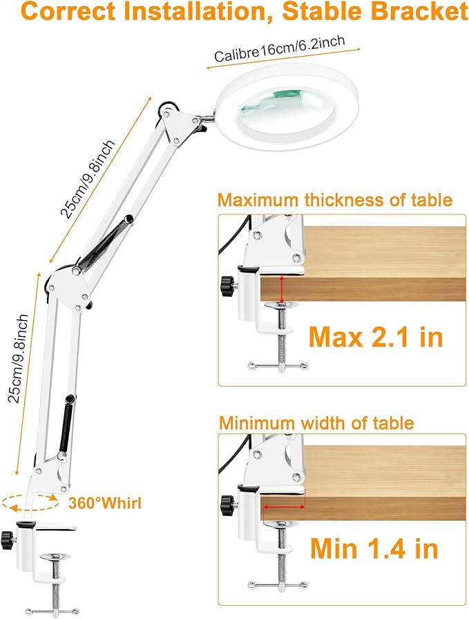 10X Magnifying Glass with Light and Clamp, Real Glass LED Lighted Magnifier, 3 Color Modes 10 Level Dimmable, Magnifying Lamp with Clamp for Reading Craft Hobby Close Work, White