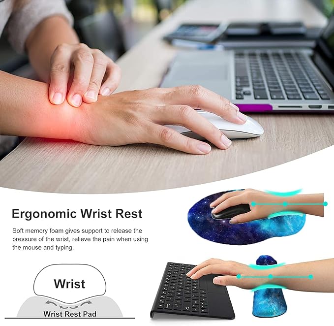 Keyboard Wrist Rest and Mouse Pad, Ergonomic Memory Foam Mouse Pad Wrist Support, Non-Slip Mouse Pad and Keyboard Wrist Support, Comfortable Mousepad with Wrist Rest for Game, Office