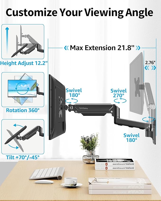 MOUNTUP Single Monitor Wall Mount for Max 32 Inch Computer Screen, Fully Adjustable Monitor Arm, Wall Mount Monitors Holder Support 4.4-19.8lbs Display, VESA Bracket Fit 75x75mm, 100x100mm (Pack of 2)