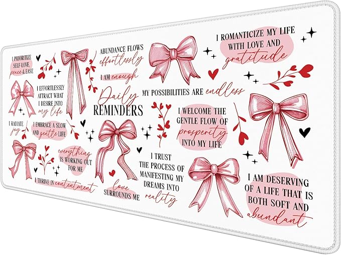 Coquette Preppy Pink Bow Inspirational Large Mouse Pad 31.5x15.7inch, Daily Reminders Large Extended Computer Desk Mat Mousepad for Keyboard and Mouse, Girly Office Desk Accessories