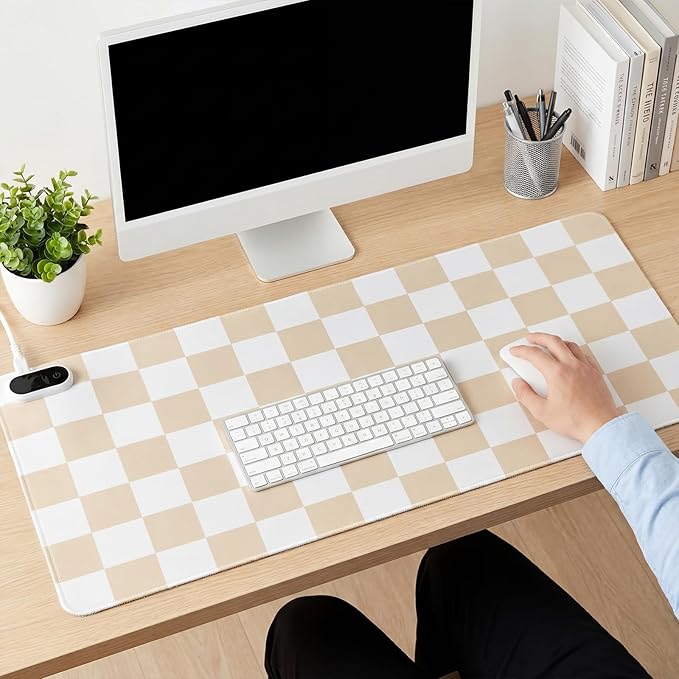 Konohan Heated Large Desk Mat PU Leather Cute Warm Mouse Pad with 5 Heating Level & 4 Hour Auto Shut-off Heating Keyboard Pad Warmer Gaming Mice Mat Only Supports 110v(beige checkerboard, 31.5" X 13")