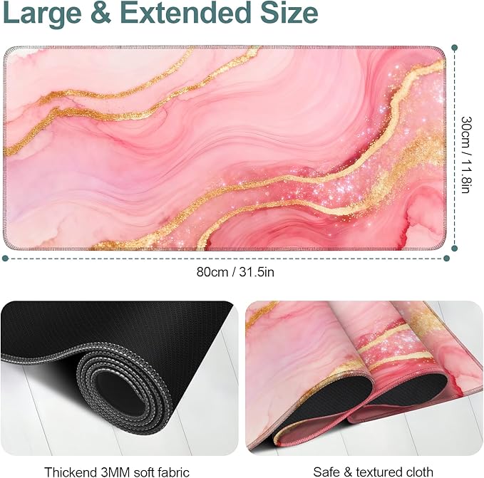 Pink Marble Extended Gaming Mouse Pad 31.5x11.8inches Large Desk Mat Anti-Slip Rubber Base & Durable Stitched Edges for Gamers Smooth Mouse Writing Surface for Desk Office/Home