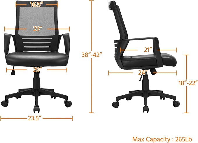 Yaheetech Mid Back Mesh Office Chair with Leather Seat Executive Office Computer Task Chair with Armrests and Lumbar Support, Black