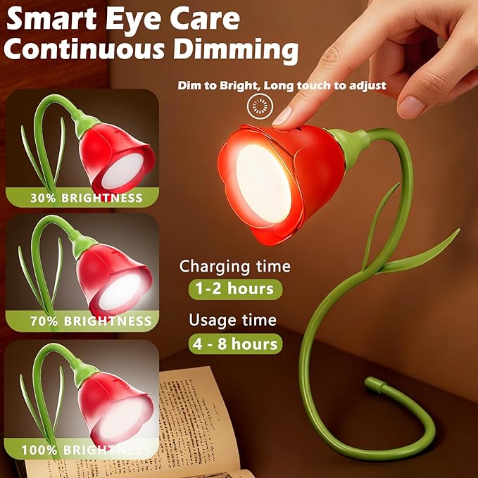 Rose Flower Lamp Rechargeable Reading Light for Bed,3-Color Modes Adjustable Brightness Small Night Light Neck Reading Light,Festival Gifts for Kids Mom Girlfriend Grandma(Red)