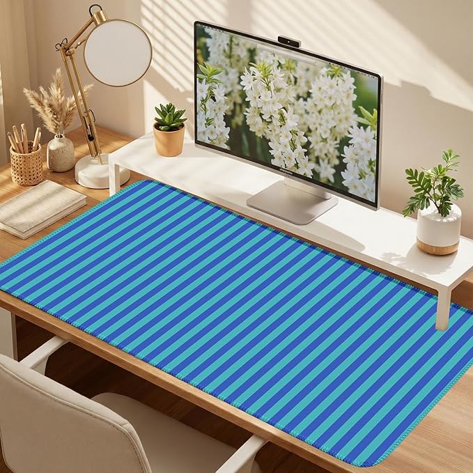 Blue Teal Striped Desk Mat Cute Pastel XXL Large Gaming Mouse Pad Desk Pad Kawaii Aesthetic Home Office Decor Cozy Keyboard Laptop Computer Mat
