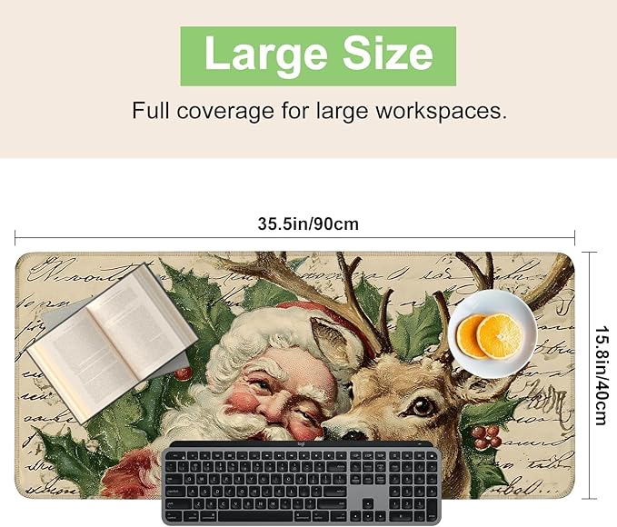 Desk Mat, XXL Extended Gaming Pad for Desktop, 35x16 Inches Santa and Reindeer Classic Scene, Large Non-Slip Vegan Leather Keyboard Mouse Mat for Home Office