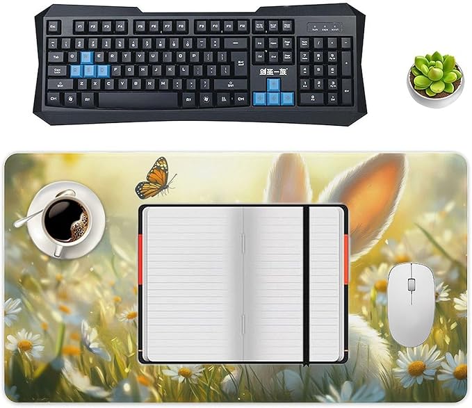 Large Ergonomic Gaming Mouse Pad Baby Bunny in Daisy Field - Sweet Rabbit Theme with Non-Slip Base Water-Resistant Surface and Stitched Edges 40X75cm