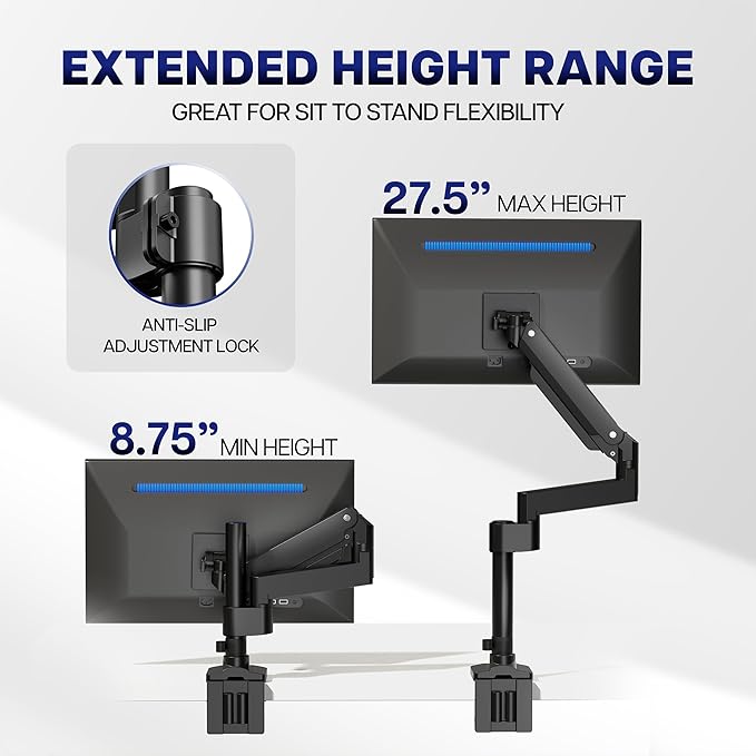 VIVO Premium Aluminum Single Screen Pneumatic Spring Monitor Arm Desk Mount Stand with Extension Pole | Fits One Screen up to 35" (STAND-V101GT)