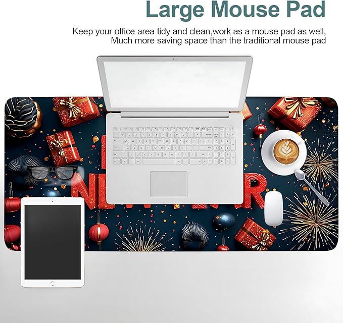 Happy New Year Extended Gaming Mouse Pad 35.4x15.7Inch Large Desk Mat Anti-Slip Rubber Base & Durable Stitched Edges for Gamers Smooth Mouse Writing Surface for Desk Office/Home