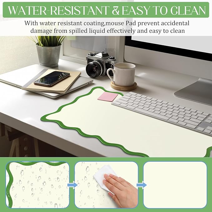 Scalloped Desk Mat Large Scalloped Piping Cute Desk Mat Aesthetic Preppy Table Pad Large Nonslip Pad with Edge Stitching Waterproof Gaming(Green,31.5 x 15.75 Inches)