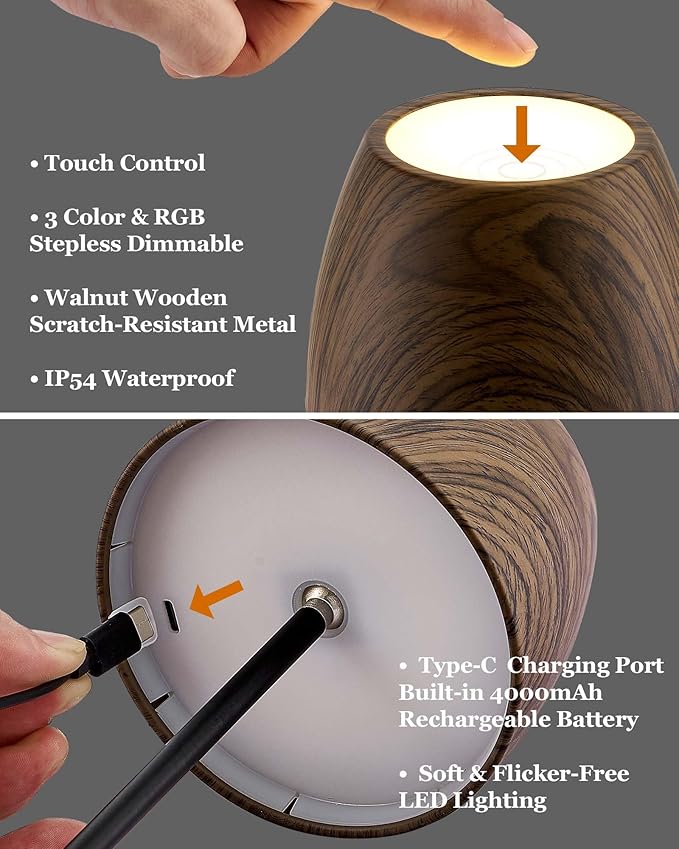 ELYONA 2 Pack Cordless Table Lamp, LED Walnut Wooden Desk Lamps RGB & 3 Color Stepless Dimming Waterproof Rechargeable 4000mAh Battery Operated for Restaurant Bedroom Outdoor Office Night Light Black