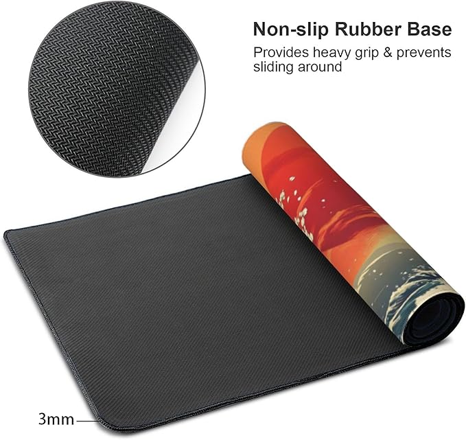 Desk Mat, Japanese Sea Wave XXL 35.4"x15.7"Large Gaming Mouse Pad, 3mm Thick Gaming Keyboard Pad,Desk Pad Non-Slip Rubber Base with Stitched Edges for Office Game Home Decor