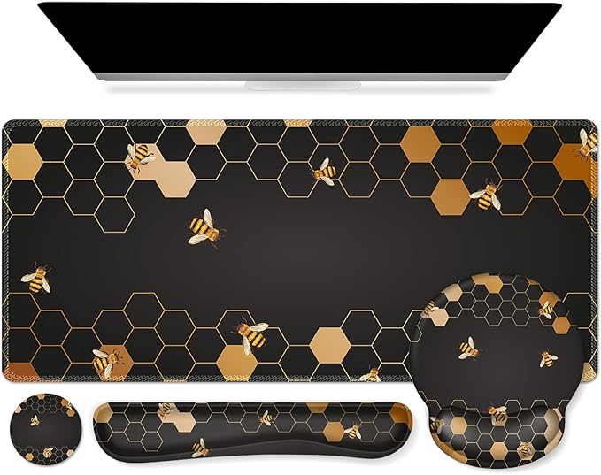 iCasso Desk Mat, Gaming Mouse Pad Wrist Support Set,4in1 XXL Large Mousepad + Keyboard Wrist Rest+Mouse Wrist Rest+Coaster Set with Ergonomic Design for Home Office Table Computer-Honeycomb