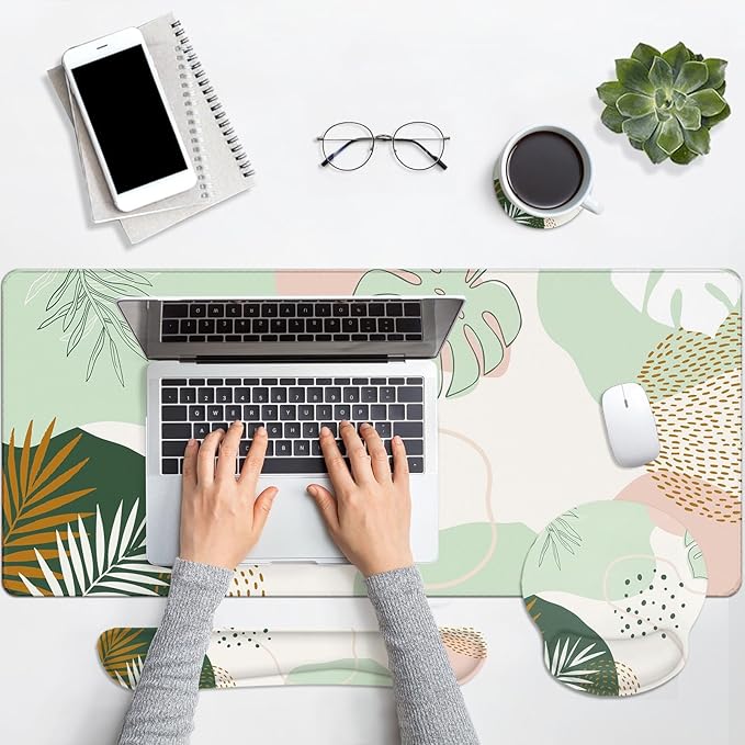 Britimes Green Boho Leaves Keyboard Mouse Pad Set 4in1 Large Mousepad+Keyboard Wrist Rest+Mouse Wrist Rest+Coaster Set with Ergonomic Design for Home Office Computer 35.4x15.7 inches