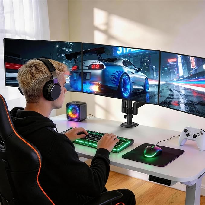 WALI Triple Monitor Mount, 3 Monitor Desk Mount with Premium Gas Spring Arm for Screens 17-32 Inch, Multiple Monitors Stand with Tilt, Swivel, Rotation, Mounting Holes 75/100 mm, Black