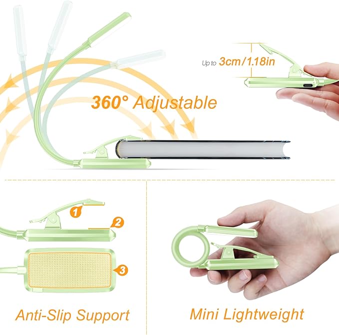 Gritin 9 LED Rechargeable Book Light for Reading in Bed - Eye Caring 3 Color Temperatures,Stepless Dimming Brightness,80 Hrs Runtime Small Lightweight Clip On Book Reading Light -Cyan