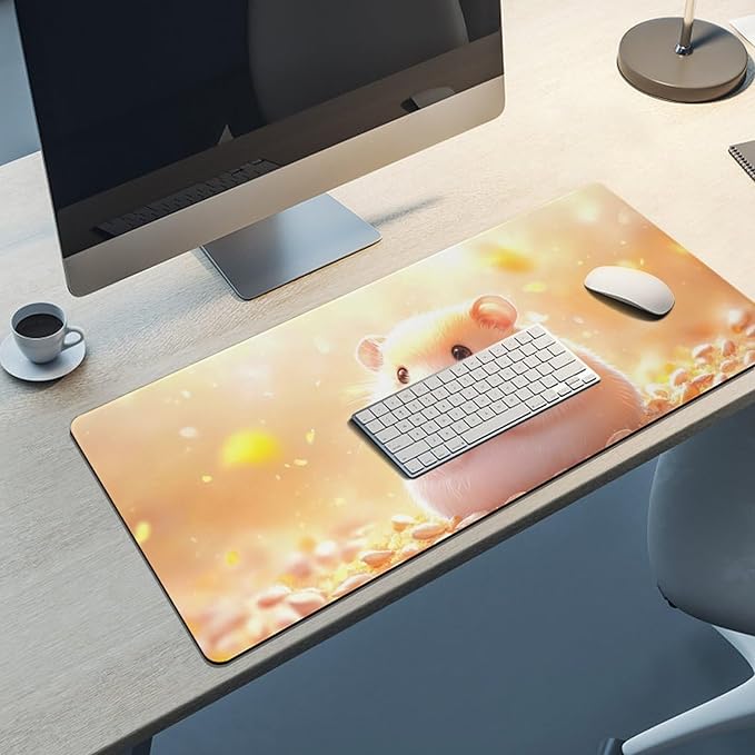 Large Ergonomic Gaming Mouse Pad Happy Hamster with Sunflower Seed - Cute Animal Theme with Non-Slip Base Water-Resistant Surface and Stitched Edges 40x90cm