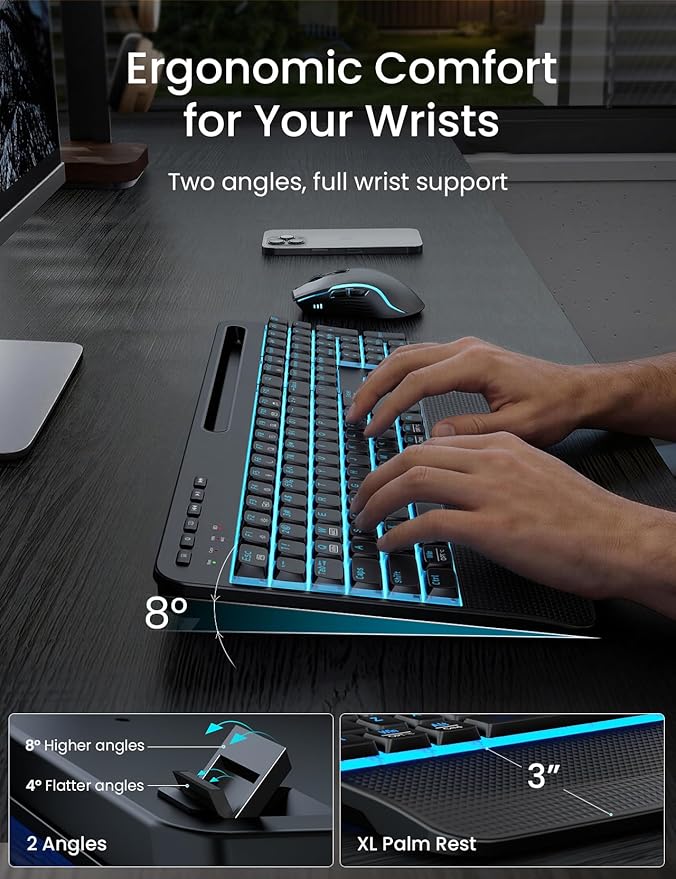 Wireless Keyboard and Mouse Combo,SABLUTE KM25Pro Rechargeable Backlit Ergonomic Keyboard with 4000mAh Battery, Wrist Rest and Phone Holder, Quiet for PC/Mac/Laptop/Windows/Chrome OS