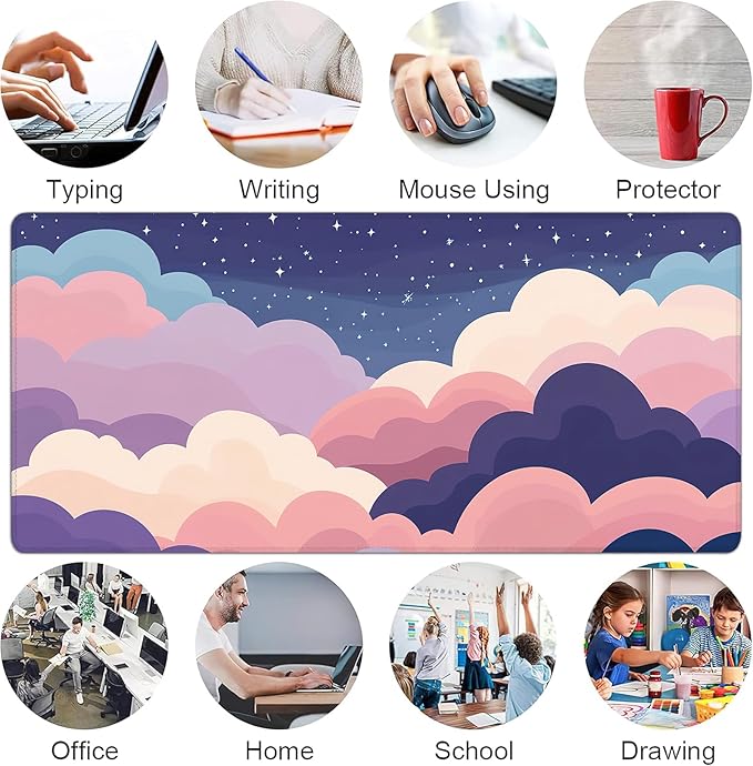 Desk Mat, Cute Colorful Clouds XXL 35.4"x15.7"Large Gaming Mouse Pad, 3mm Thick Gaming Keyboard Pad,Desk Pad Non-Slip Rubber Base with Stitched Edges for Office Game Home Decor
