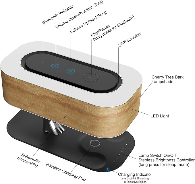 AMPULLA Masdio by Ampulla Bedside Lamp with Bluetooth Speaker and Wireless Charger, Table Lamp Desk Lamp with Sleep Mode Stepless Dimming