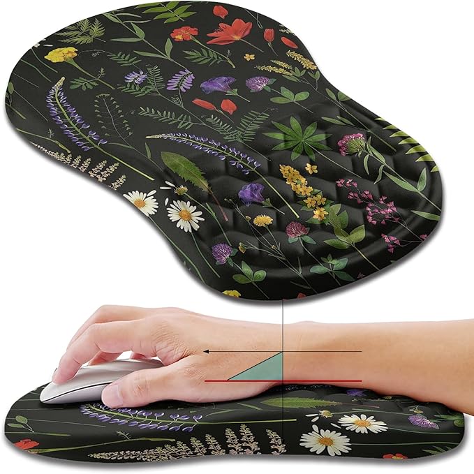 Hokafenle Ergonomic Mouse Pad Wrist Support, Wrist Rest Mousepad for Carpal Tunnel with Integrated Memory Foam Slope Massage Bulge (11.8x7.9 inch,Flowers)