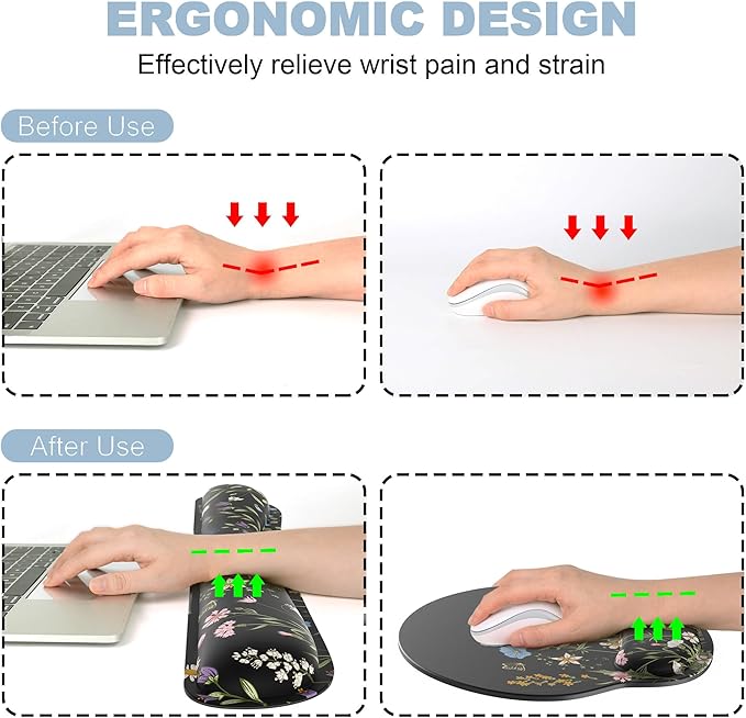 Ergonomic Mouse Pad with Wrist Rest and Keyboard Wrist Rest, Memory Foam Wrist Rest for Computer Keyboard, Easy Typing, Black Mouse Pad Wrist Support for Gaming,Office, Laptop, Floral