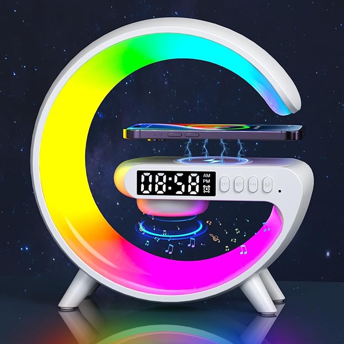 2025 New Mini LED Table Lamp, Wireless Charging Atmosphere Lamp, Bluetooth Speaker, Dimmable Night Light, Bedside Lamp, Alarm Clock for Christmas Gifts (White)