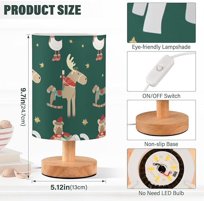 Green Christmas Animal LED Table Lamp, Bedside Lamp with Linen Lampshade, Flicker-Free Eye Care USB Plug in Nightstand Lamp, for Bedroom and Office