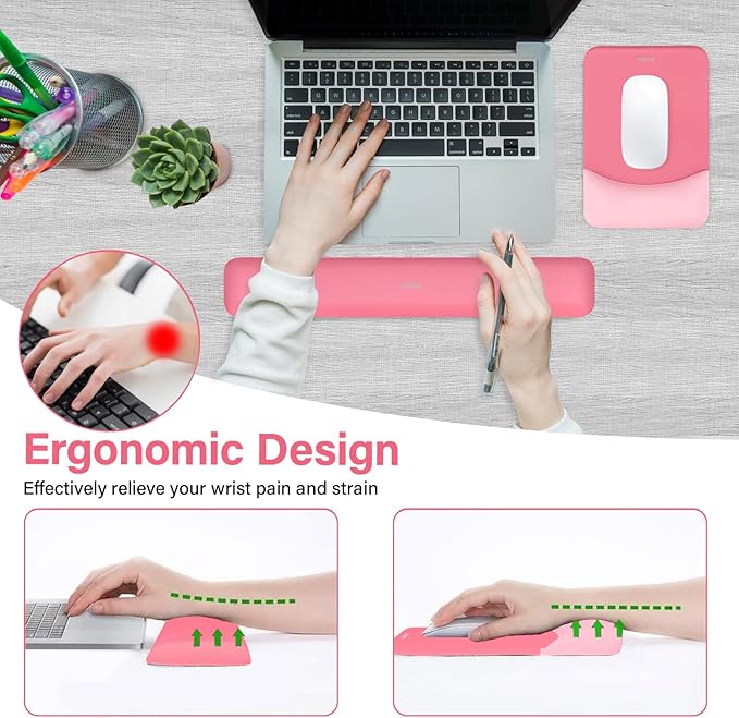 MOSISO Wrist Rest Support for Mouse Pad&Keyboard Set, Rectangular Ergonomic Mousepad Non-Slip Base Home/Office Easy Typing Pad with Neoprene Cloth&Raised Silicone Lining, Melon Pink