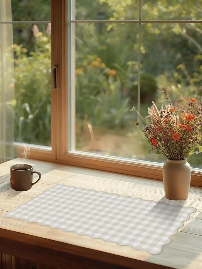 Scalloped‌ Beige Checkered Gingham Desk Mat Cute Pastel Large Mouse Pad Kawaii Cottagecore ‌Vintage‌ Rustic Keyboard Pad Computer Mat for Desktop Aesthetic Cozy Office Desk Decor