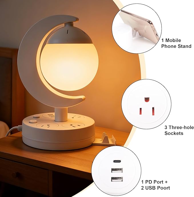 Table Lamp with USB Charging Port & AC Outlet, 3-Color Dimmable LED Desk Lamp, Eye-Caring Bedside Nightstand Light for Bedroom, Home Office & Living Room