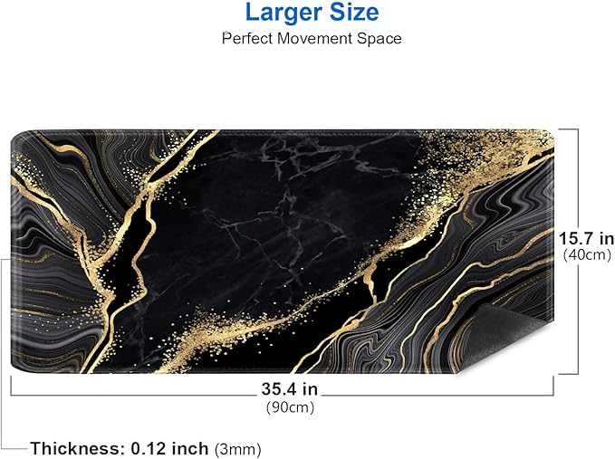 IMAYONDIA Black and Gold Marble Desk Mat(35.4x15.7 in), Extended Computer Large Gaming Mouse Pad Mousepad for Desks, Anti Slip Rubber Base Desk Pad for Office Home Laptop Desktop Mat