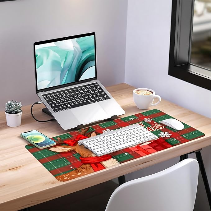 Merry Christmas - Elk Extended Gaming Mouse Pad 35.4x15.7Inch Large Desk Mat Anti-Slip Rubber Base & Durable Stitched Edges for Gamers Smooth Mouse Writing Surface for Desk Office/Home