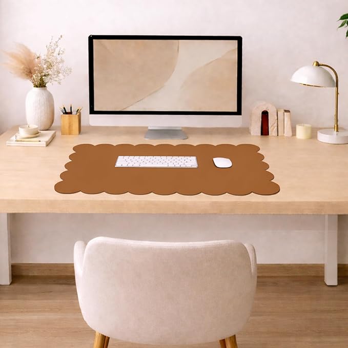 Orelle Scalloped Desk Mat | Vegan Leather Desk Mat for Keyboard and Mouse, Laptop, Makeup Vanity | Computer Desk Pad Mat | Office Desk Cover Mat | Desk Blotter Mat | 30 x 15” | Brown