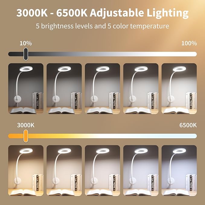 Wall Mounted Reading Light, Book Light in Bed at Night, Reading Lamp for Bedroom Bedside Headboard, Eye Care 5 Color & Brightness Adjustable, 360 Flexible Gooseneck, White