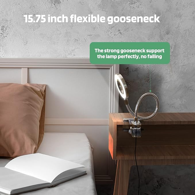 GLORIOUS-LITE LED Clip on Light, 36 LED Eye-Caring Reading Lamp for Dorm Room, 360° Flexible Gooseneck with 4 Color Modes, Dimmable Book Light for Bed, Desk, Headboard, Computer (Silver)