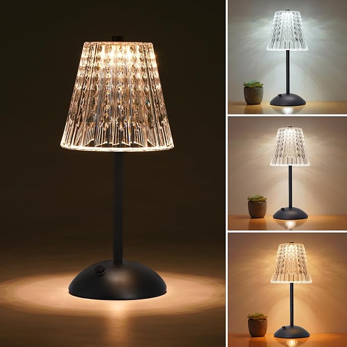 Rechargeable Cordless Table Lamp, Touch Control Crystal Desk Lamp with 3500mAh Battery, 3 Color Dimmable LED Small Lamp for Bedroom Bedside Restaurant Kitchen Home Decor, Black