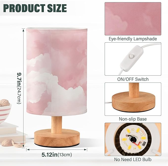 Pink Cloud LED Table Lamp, Bedside Lamp with Linen Lampshade, Flicker-Free Eye Care USB Plug in Nightstand Lamp, for Bedroom and Office