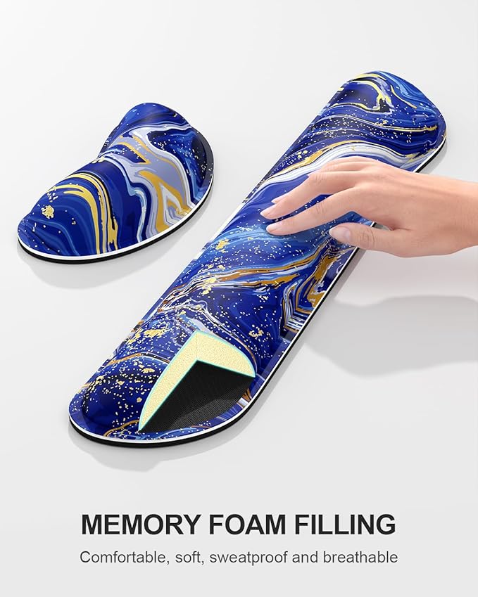 Auhoahsil Large Mouse Pad with Wrist Rests for Keyboard & Mouse, Thick Soft Ergonomic Memory Foam Wrist Supports, Big & Long Desk Mat 35.5 x 15.7 in, for Office Gaming Computer, Navy Marble