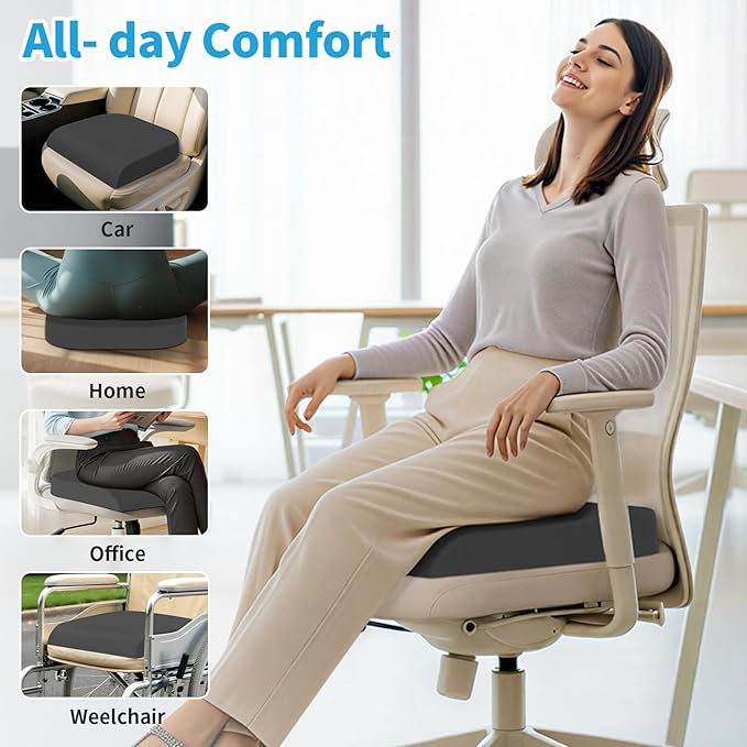 TranquilRelax Large Seat Cushion，Soft Foam Cushion for Long Sitting Hours on Office Chair, Home & Car, Non-Slip Chair Pad for Relieving Back & Sciatica & Hip & Coccyx Pain (Grey)