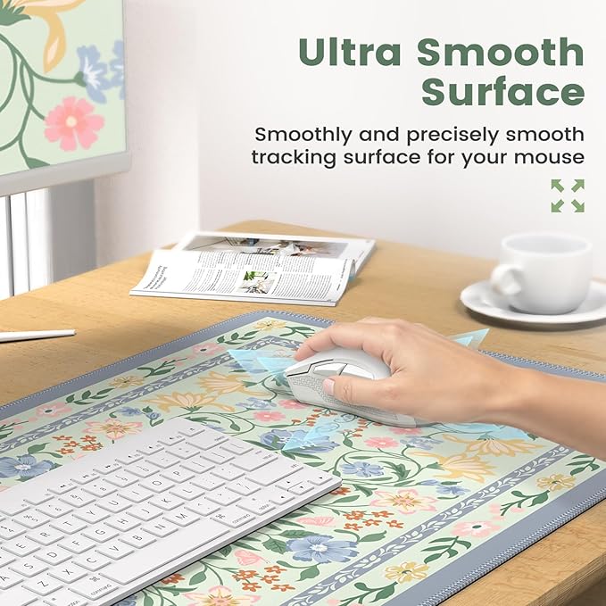 iCasso Desk Cover Mat, Gaming Mouse Pad Wrist Support Set,4in1 XXL Large Mousepad + Keyboard Wrist Rest+Mouse Wrist Rest+Coaster Set with Ergonomic Design for Home Office Table Computer(Green Flowers)