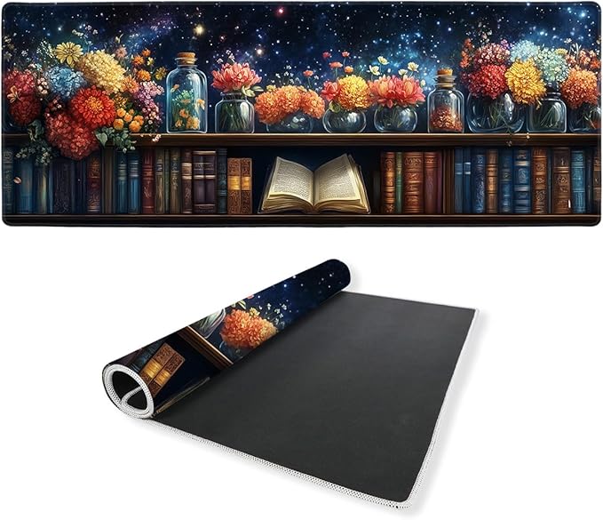 Starry Bookshelf Desk Mat Gaming Large Mouse Pad Blooming Book Flowers Night Mousepad Computer Keyboard Pad Mouse Mat Laptop Mat 31.5 x 11.8 Mouse Pads for Desk Home Office Gaming