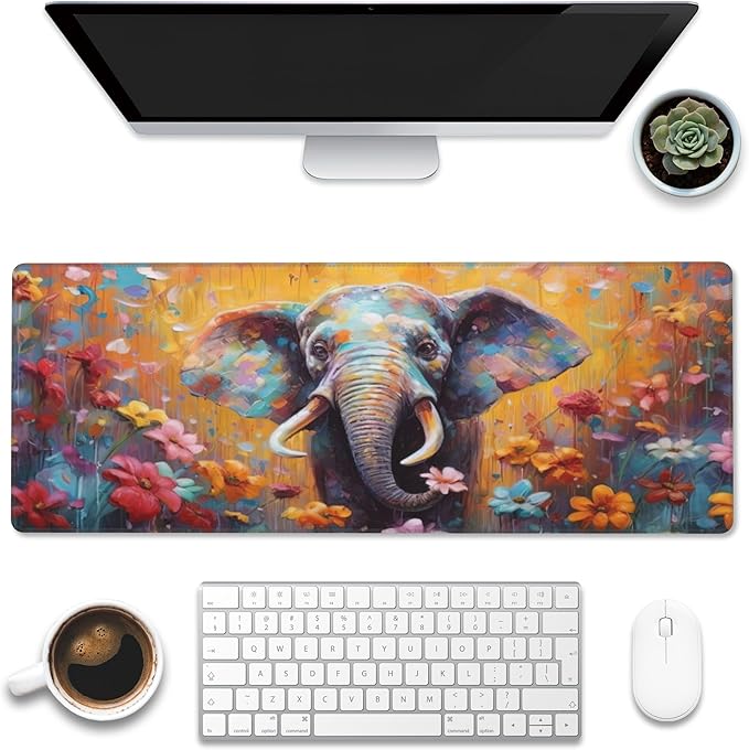XL Mouse Pad,Elephant in Flower Blossom Large Gaming Mouse Pad,Cute Elephant Floral Desk Mat,Extended Big Computer Keyboard Desk Pad with Non-Slip Base and Stitched Edge 31.5"x11.8"