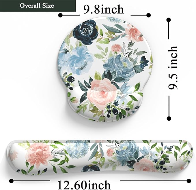 Green Blue Pink Floral Mouse Pad Wrist Support Keyboard Wrist Rest Set, Ergonomic Mouse Pad with Non-Slip Pu Base for Computer Office Comfortable Mouse Wrist Rest Easy Typing Mouse Pad.